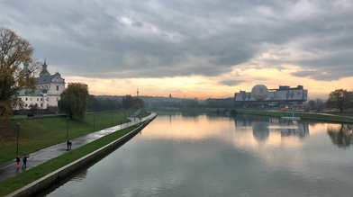 Pauline Fathers' Monastery and Skałka Church seen from the Vistula River bicycle path.