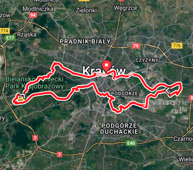 Route map from Nowa Huta district to the Krakow Zoo forest.