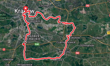 Cycling map through the hills surrounding the Wieliczka Salt Mine.