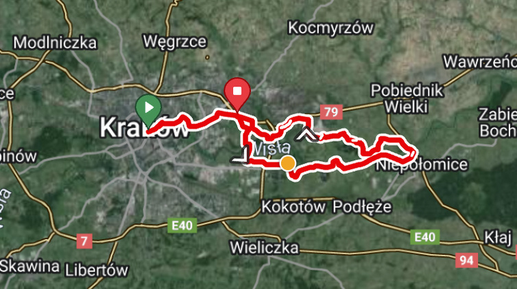 GPS cycling loop map exploring the lakes of Nowa Huta.
