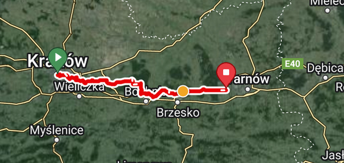 Road bike route to Tarnów with train return option map.