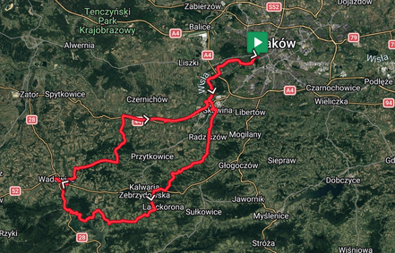 100km+ road bike century route map from Krakow to Wadowice.
