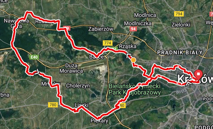 Road cycling loop map exploring the west of Krakow.