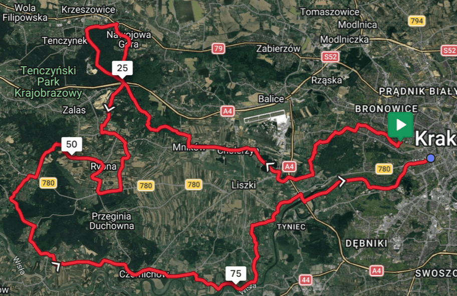 GPS map for Tenczyński Landscape Park and Vistula river loop.