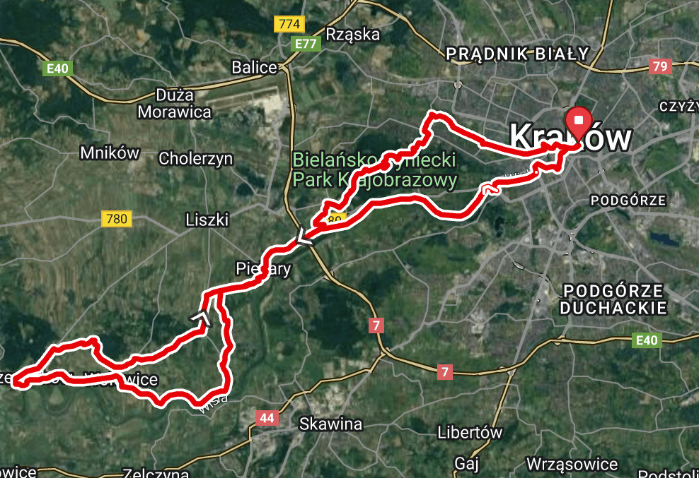 Flat Vistula river road bike route map to Czernichów.
