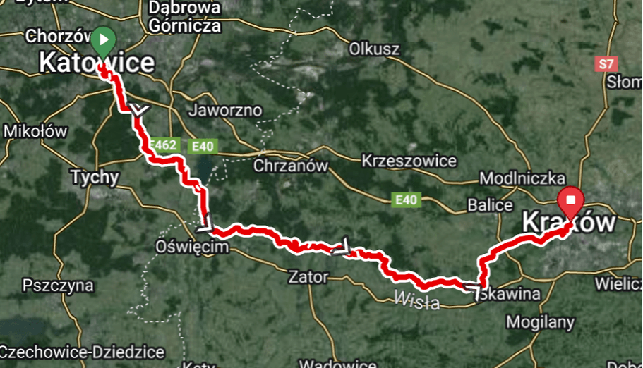 Point-to-point road bike map from Katowice to Krakow.